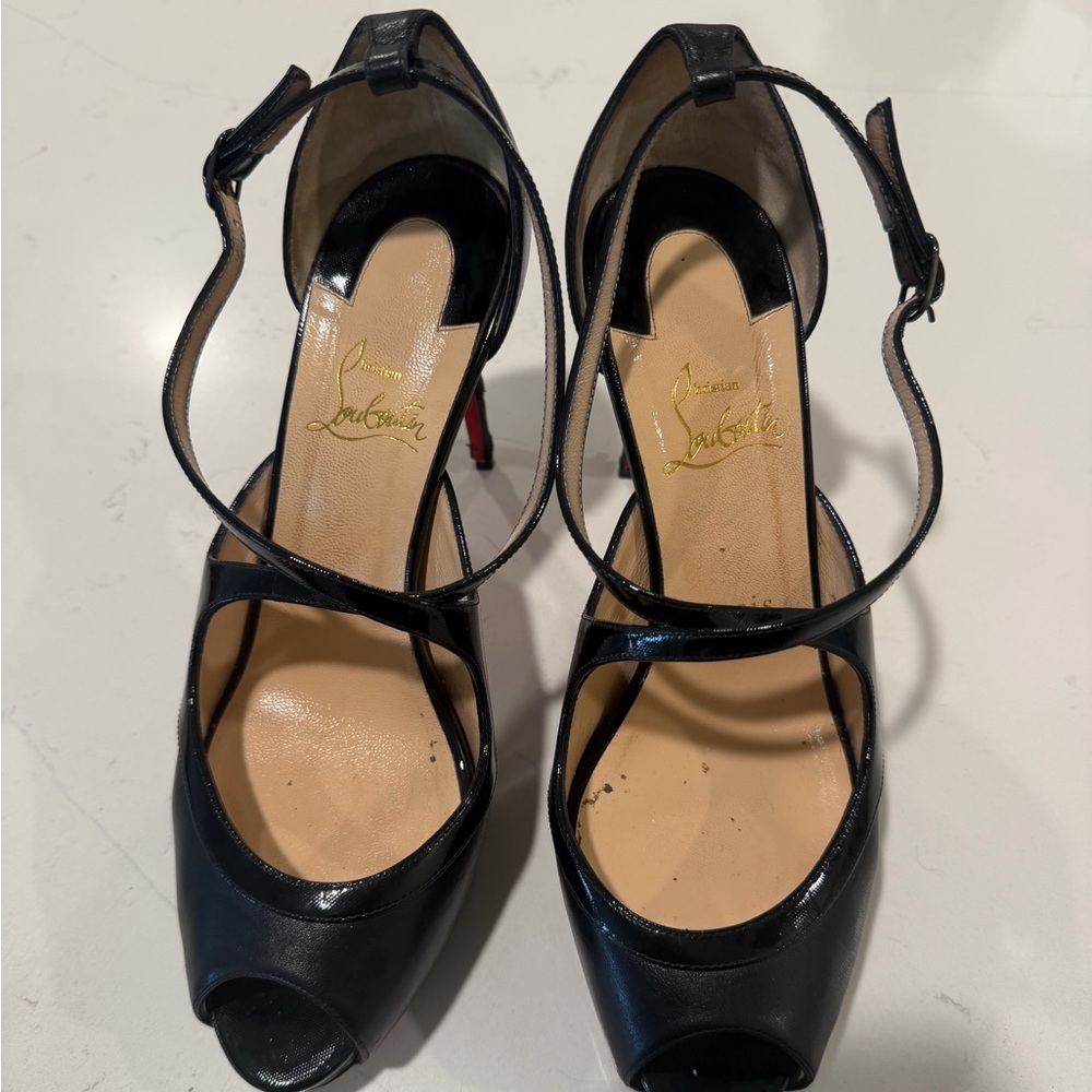 Christian Louboutin Black Strappy Peep Toe Heels Sz 38